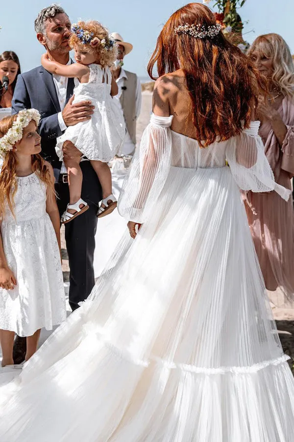 Ivory Long Sleeve Pleats Tulle Sweetheart Wedding Dresses With Chapel Train