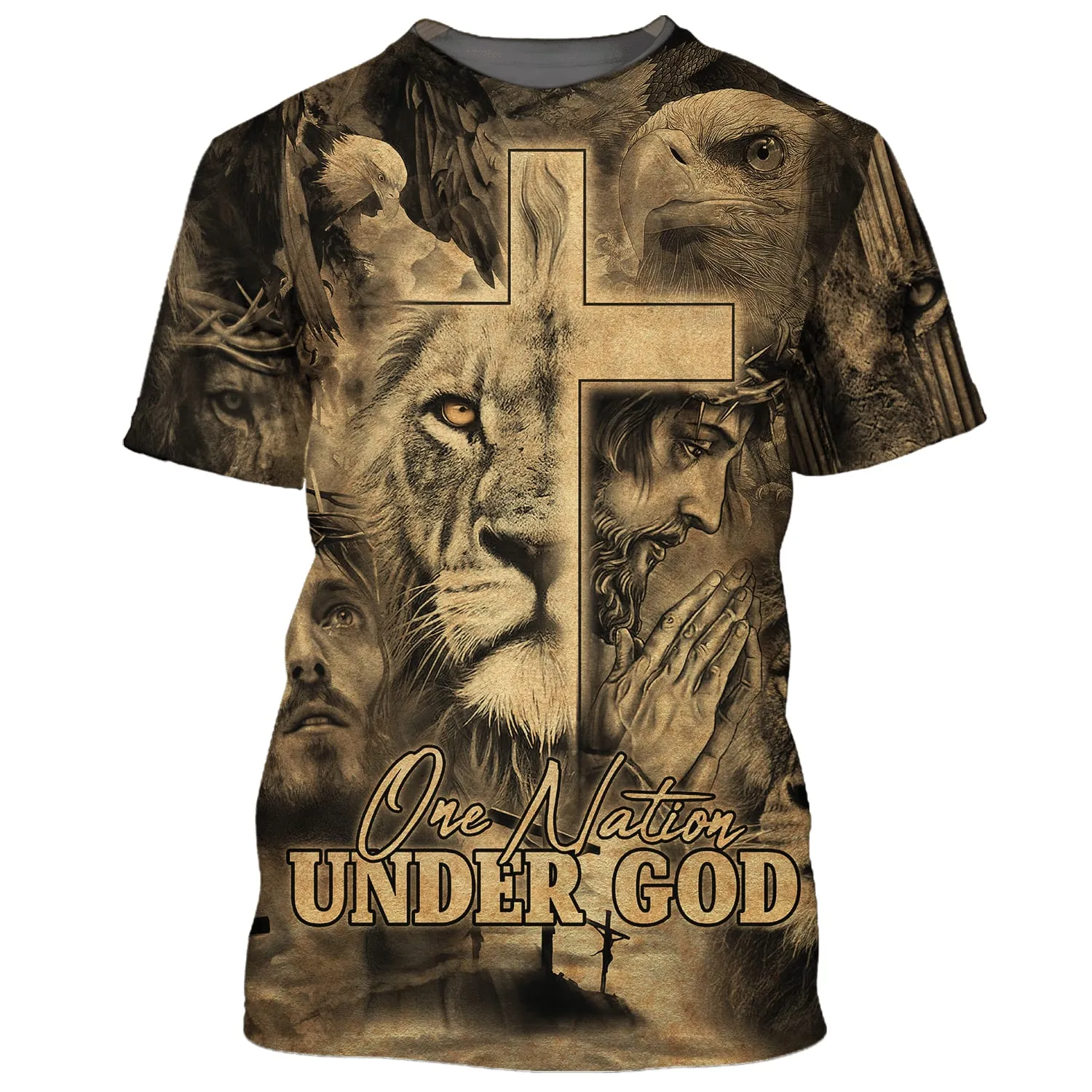 Jesus Prayer Lion One Nation Under God 3D All Over Printed Shirt for Men and Women