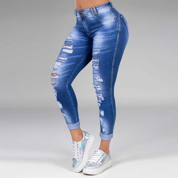 Ladies jeans ripped holes show thin stretch jeans