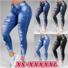 Ladies jeans ripped holes show thin stretch jeans