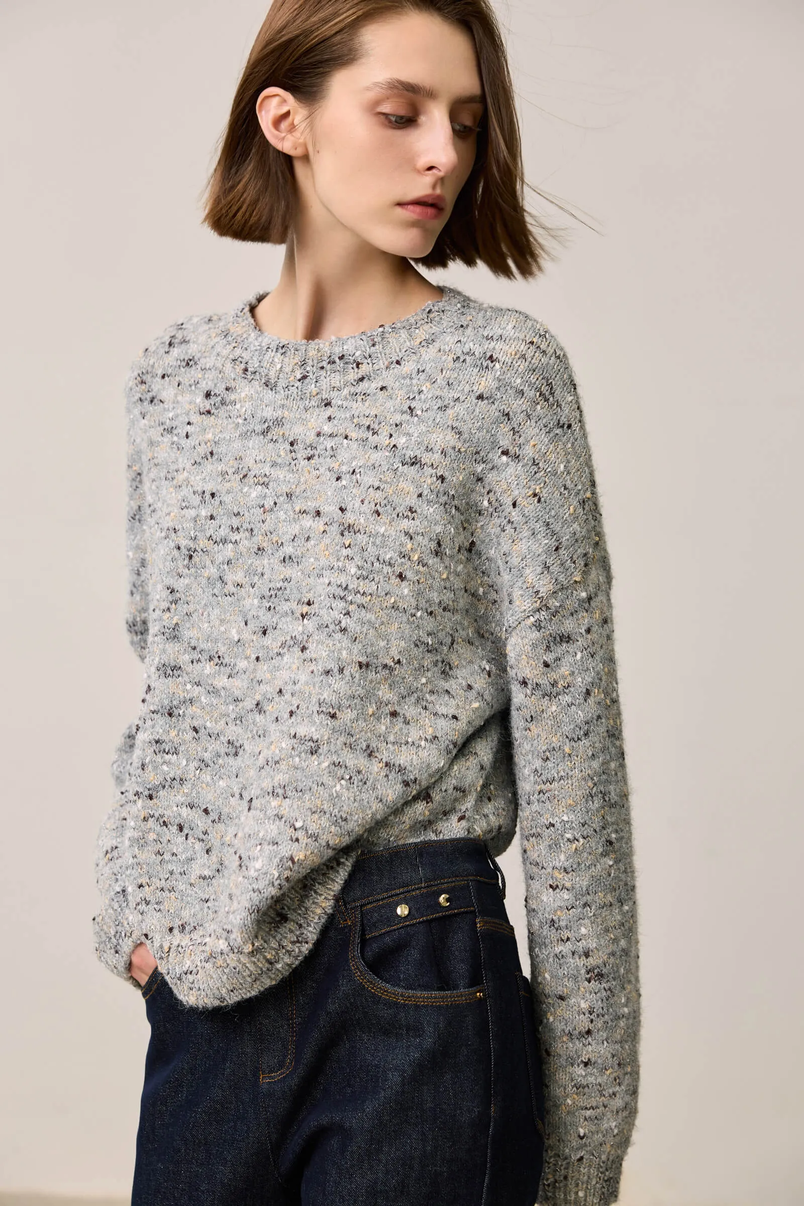 LILY Retro Textured Crewneck Knit Sweater