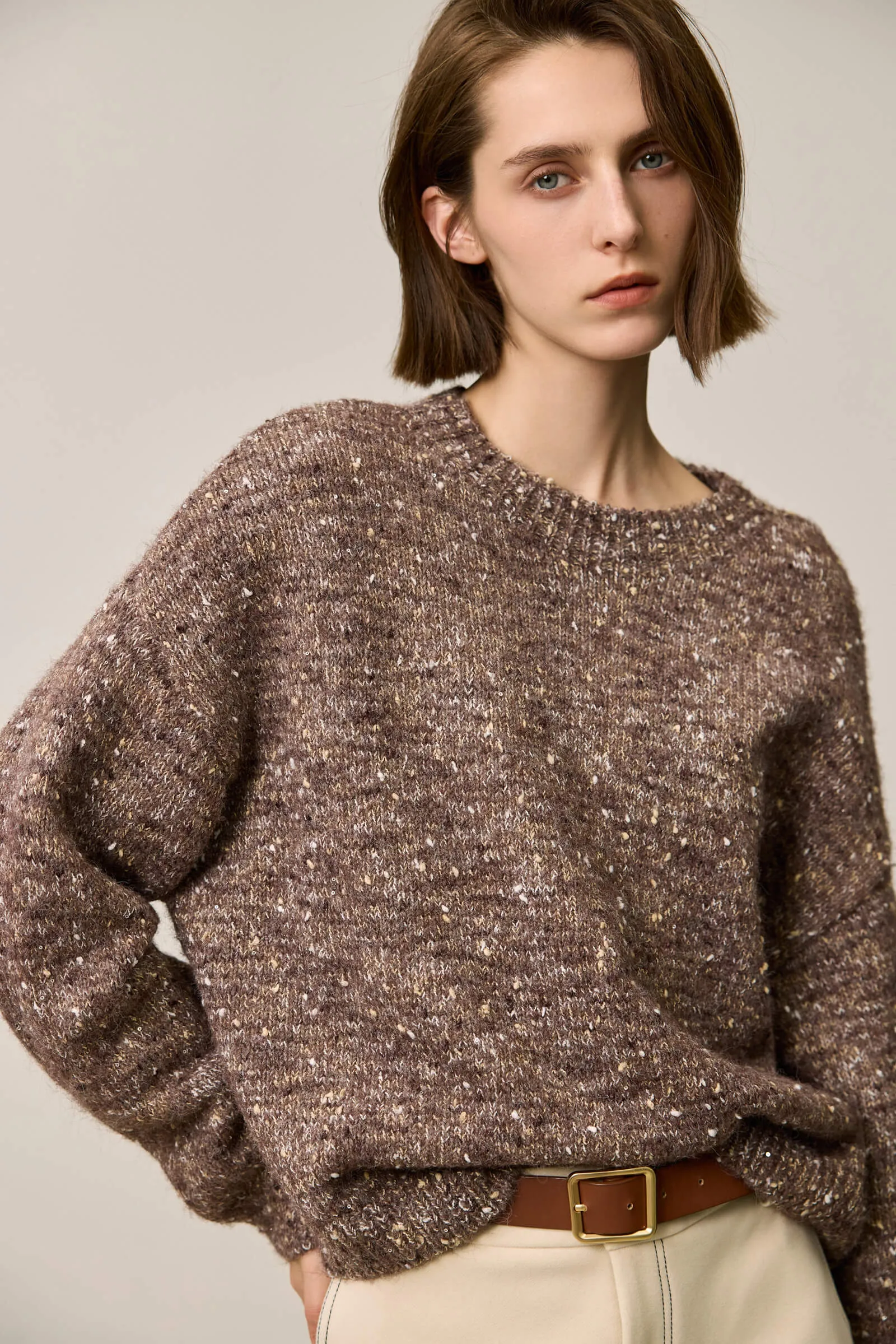 LILY Retro Textured Crewneck Knit Sweater