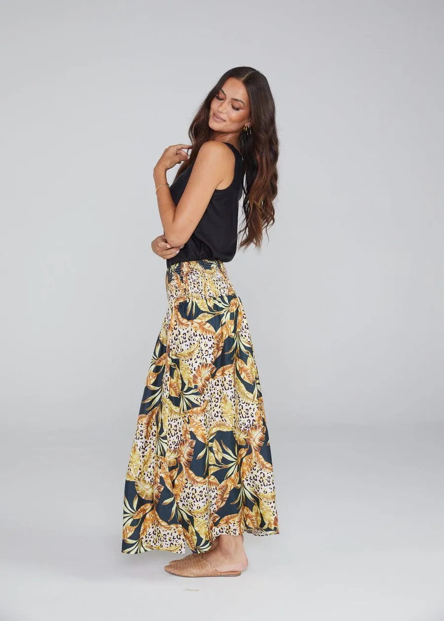 Lily Silk Maxi Skirt - Black Leaf