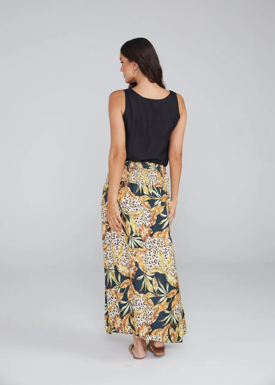 Lily Silk Maxi Skirt - Black Leaf