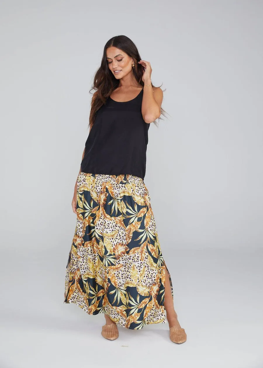 Lily Silk Maxi Skirt - Black Leaf