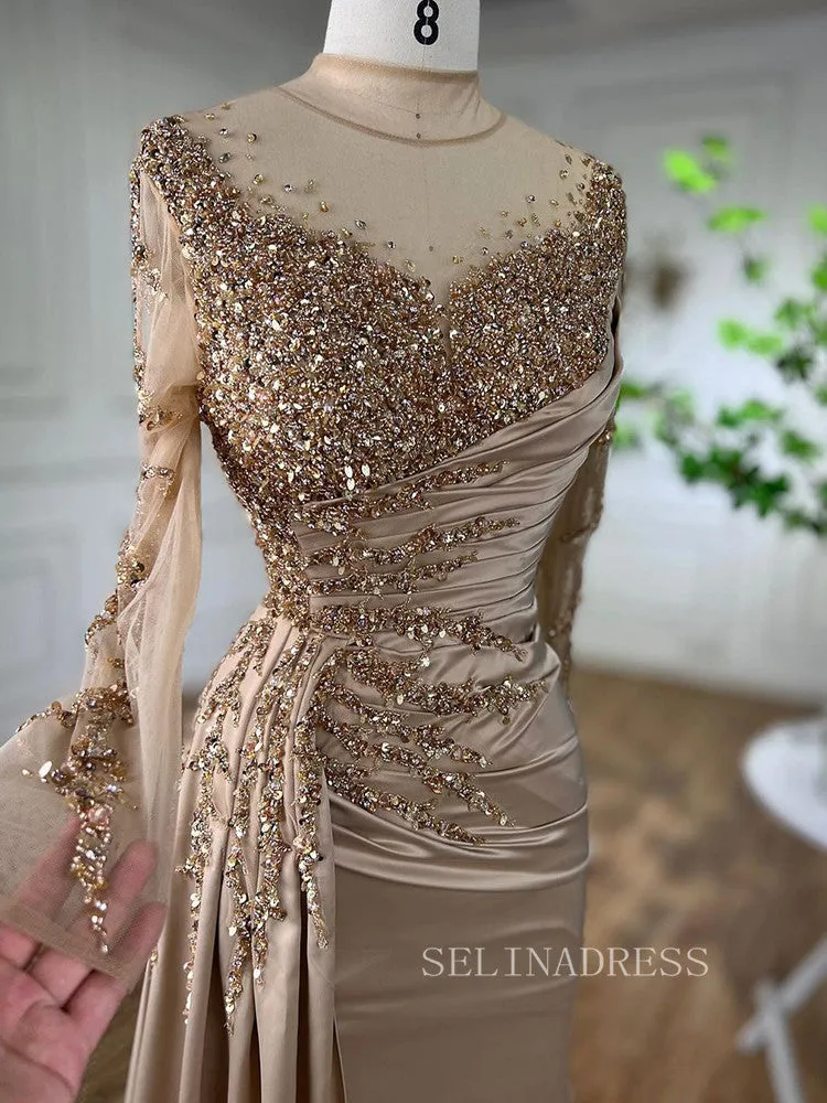 Luxury Mermaid High Neck Evening Gowns With Long Sleeve Beaded Formal Dresses LA71804