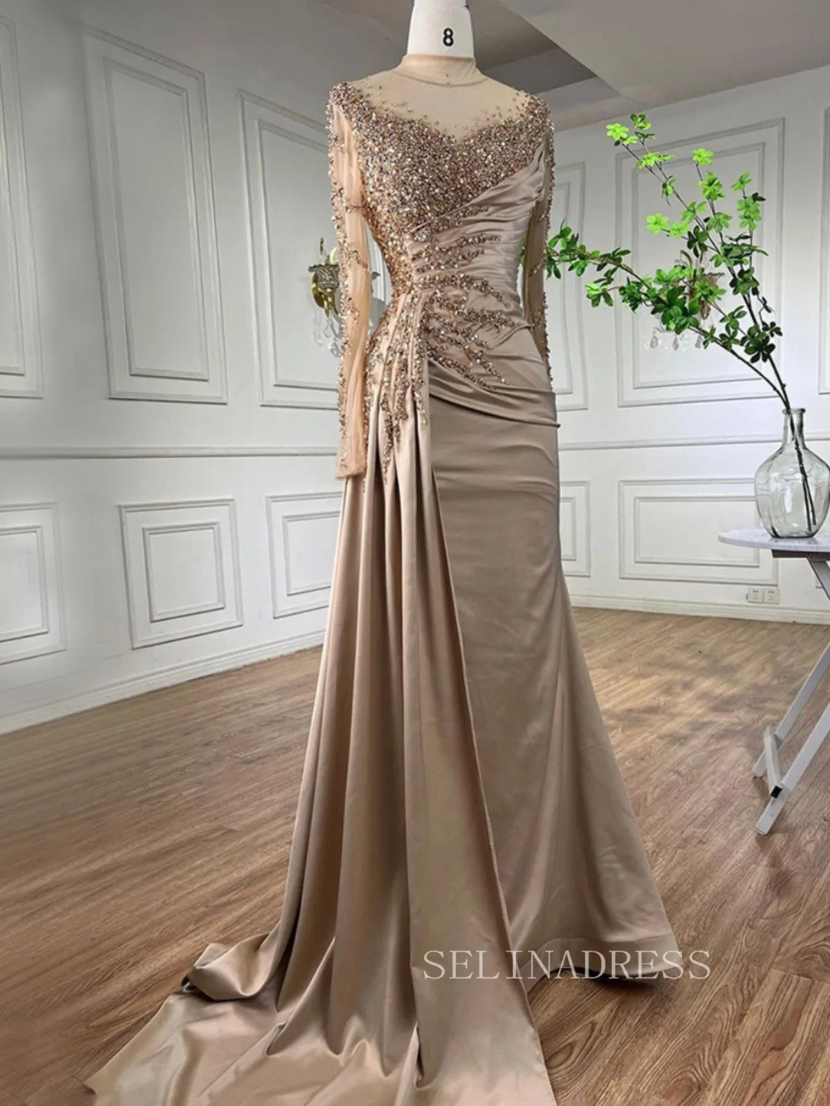 Luxury Mermaid High Neck Evening Gowns With Long Sleeve Beaded Formal Dresses LA71804