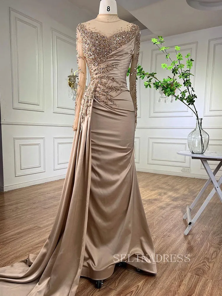 Luxury Mermaid High Neck Evening Gowns With Long Sleeve Beaded Formal Dresses LA71804