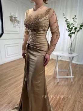 Luxury Mermaid High Neck Evening Gowns With Long Sleeve Beaded Formal Dresses LA71804