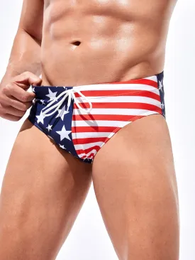 Men Americana Print Drawstring Waist Swim Brief