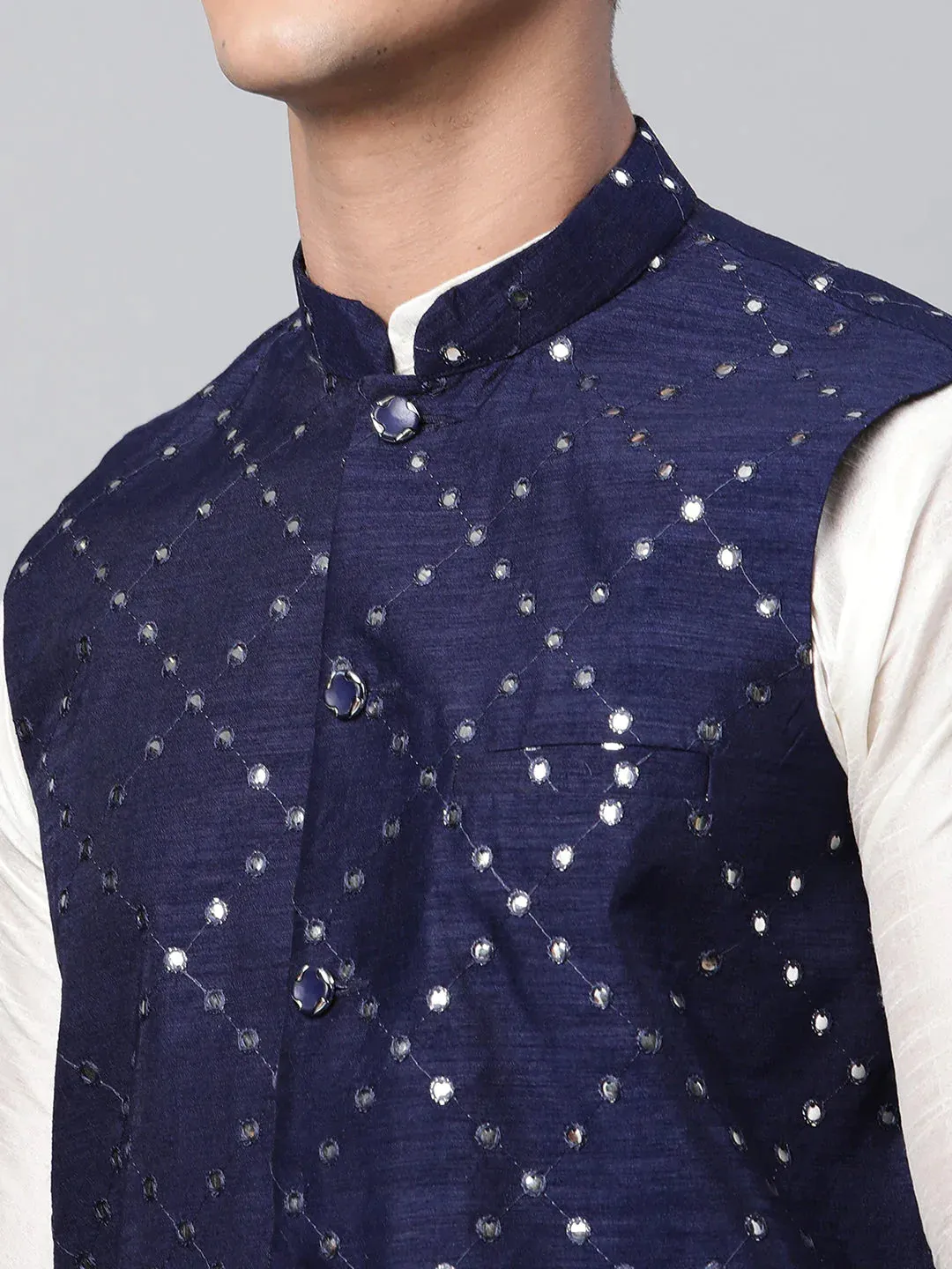 Men Dupion Silk Kurta Pyjama With Navy Mirror Work Nehru Jacket