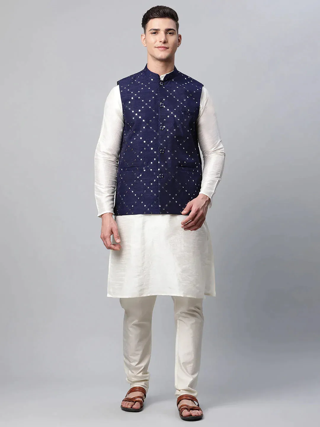 Men Dupion Silk Kurta Pyjama With Navy Mirror Work Nehru Jacket