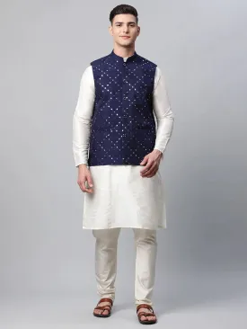 Men Dupion Silk Kurta Pyjama With Navy Mirror Work Nehru Jacket