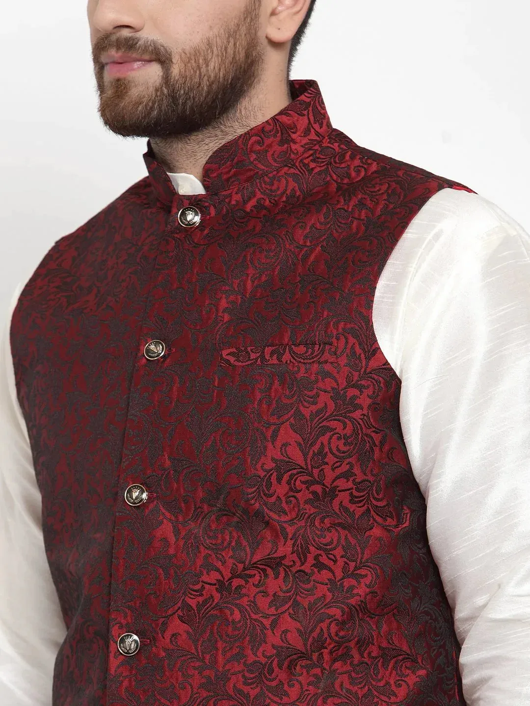 Men Maroon-Coloured & Black Woven Design Nehru Jacket