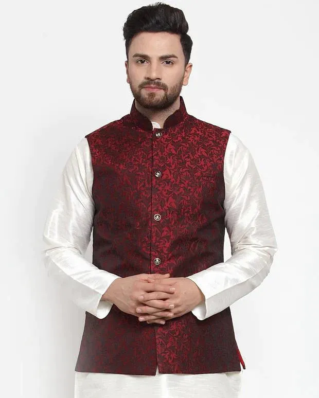 Men Maroon-Coloured & Black Woven Design Nehru Jacket