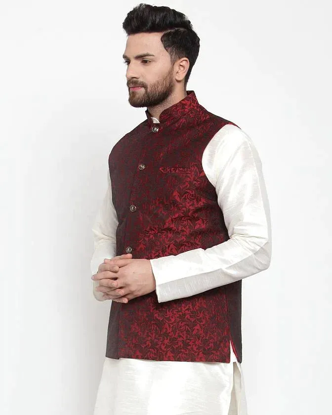 Men Maroon-Coloured & Black Woven Design Nehru Jacket