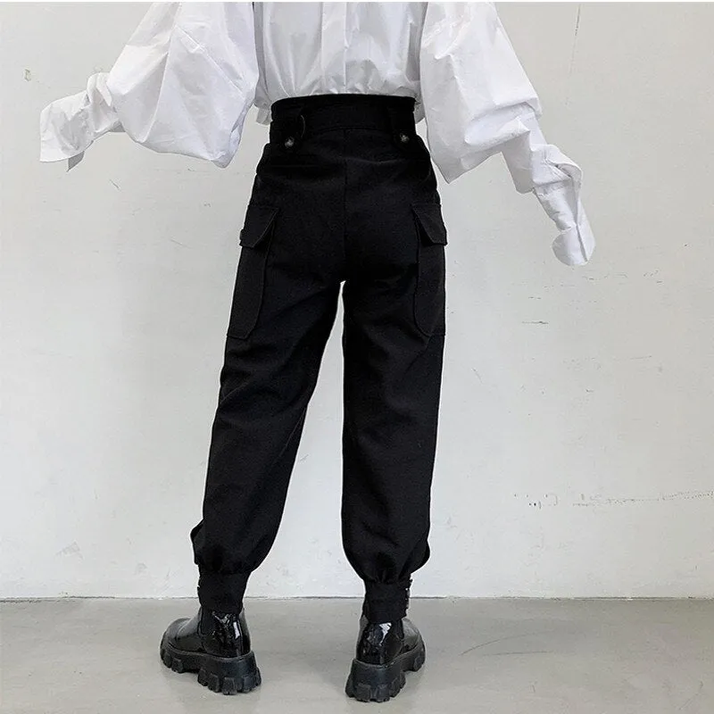 Men  Pant High Waist Wide Leg Belt Tapered Trousers Metal