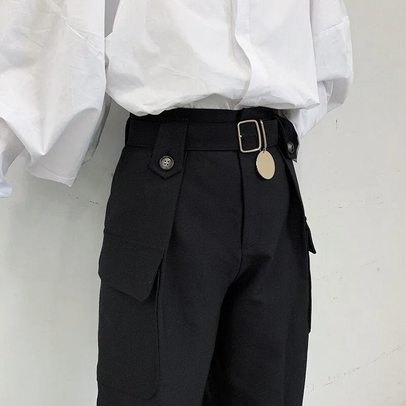 Men  Pant High Waist Wide Leg Belt Tapered Trousers Metal