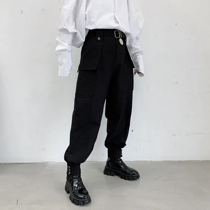 Men  Pant High Waist Wide Leg Belt Tapered Trousers Metal