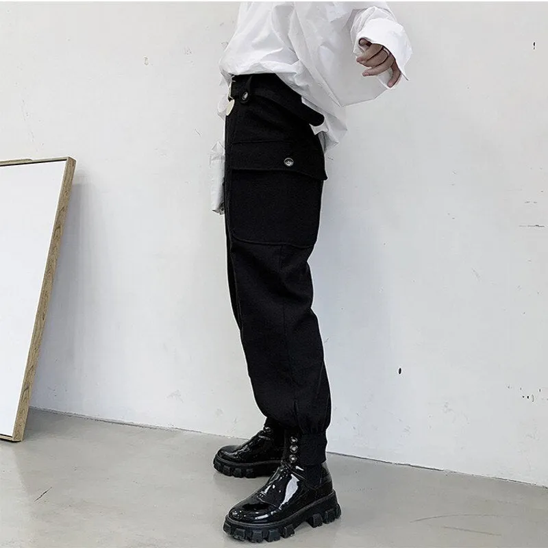 Men  Pant High Waist Wide Leg Belt Tapered Trousers Metal