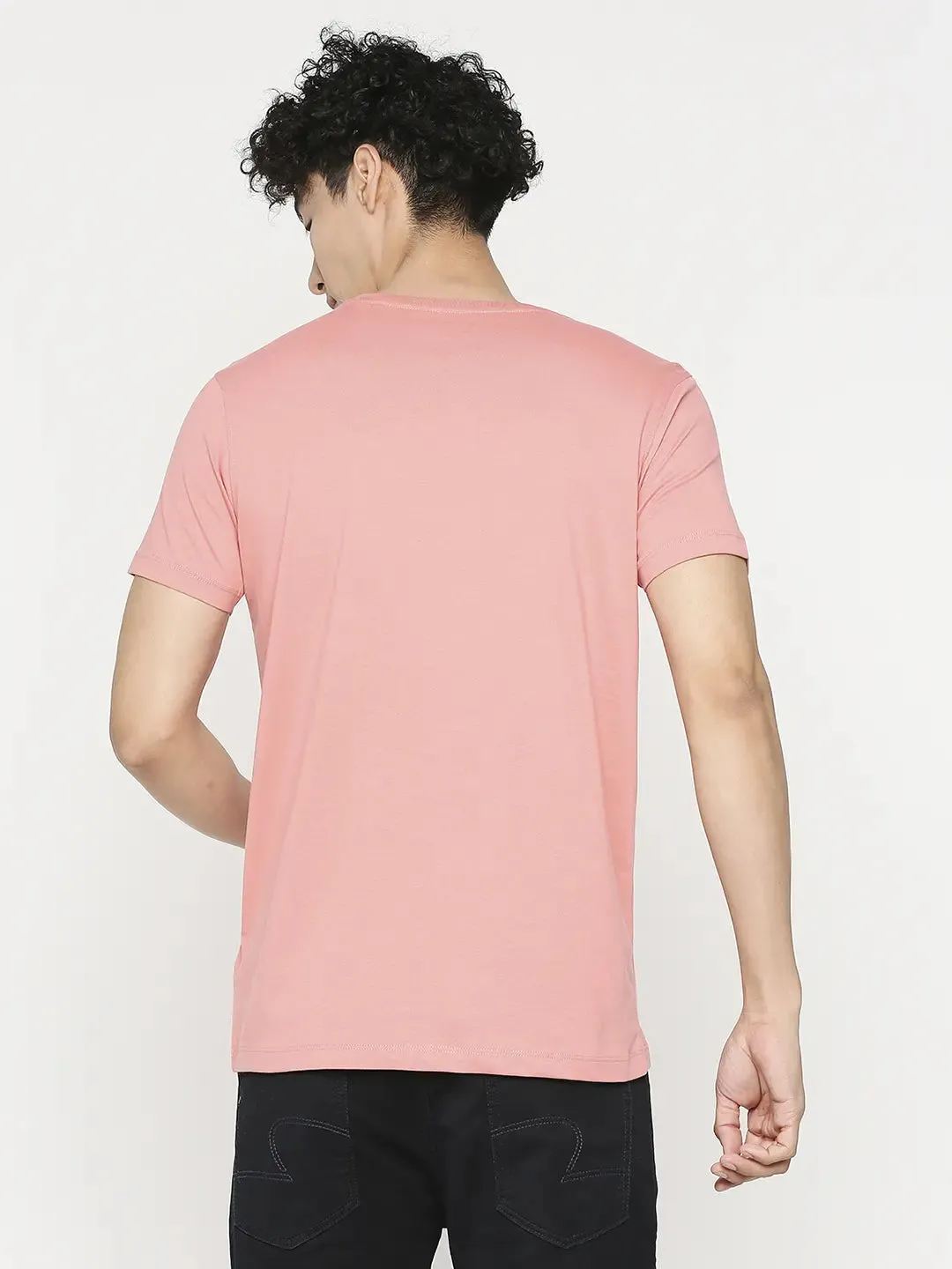 Men Premium Dusty Coral Cotton Half Sleeve Printed Tshirt- Underjeans By Spykar