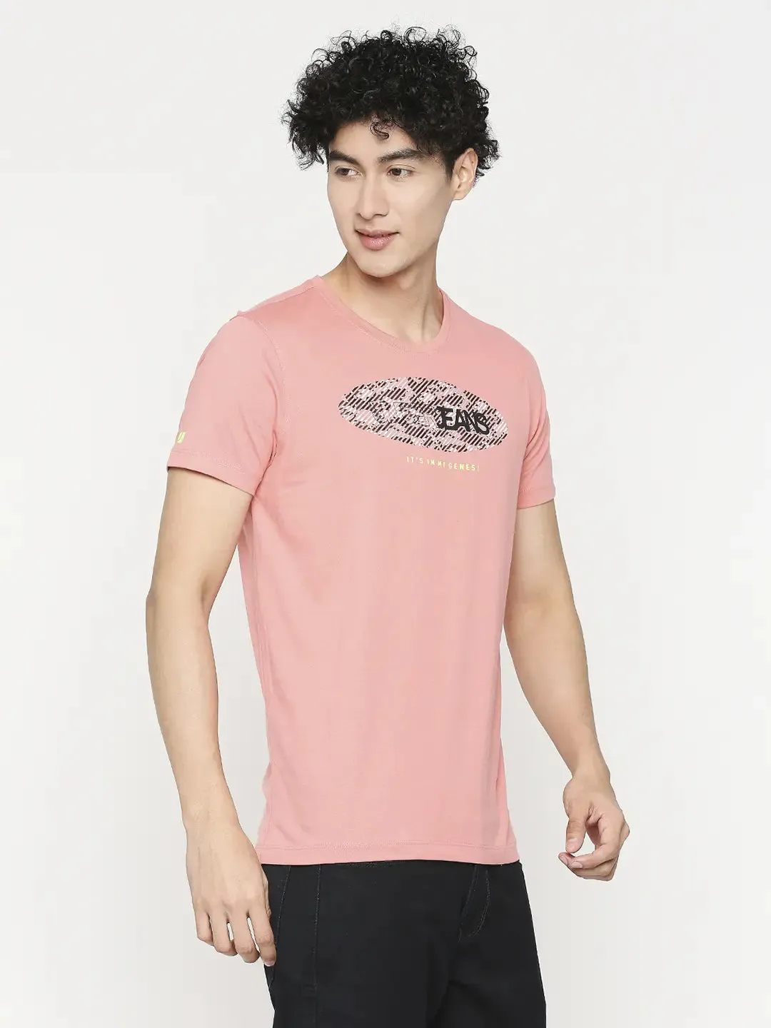 Men Premium Dusty Coral Cotton Half Sleeve Printed Tshirt- Underjeans By Spykar