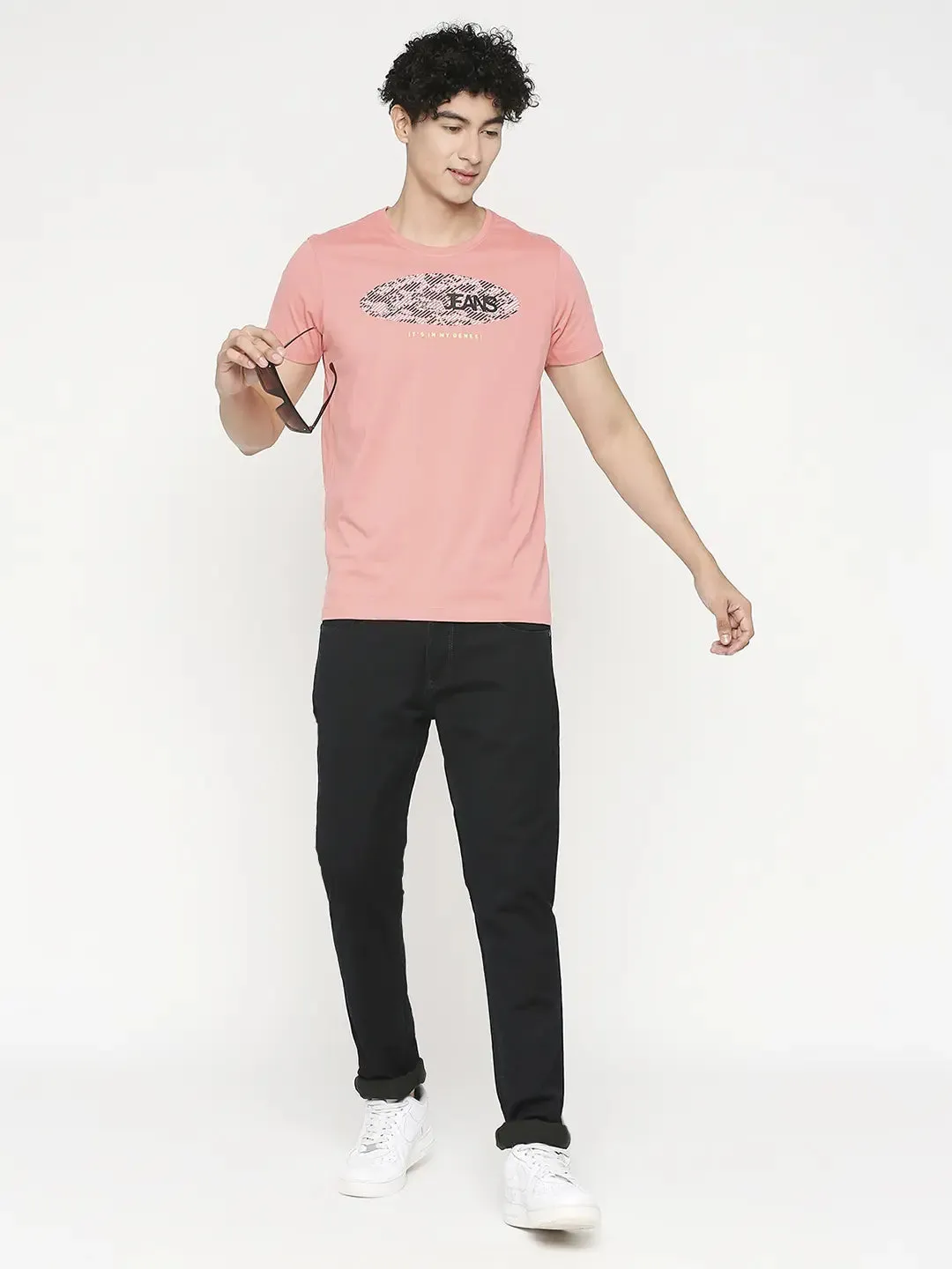 Men Premium Dusty Coral Cotton Half Sleeve Printed Tshirt- Underjeans By Spykar