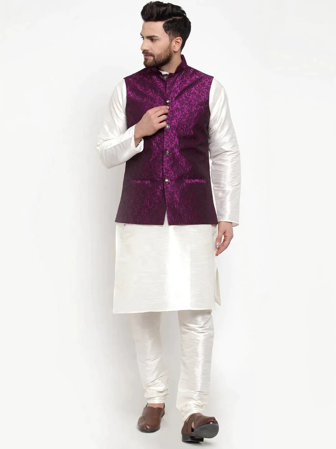 Men Purple-Coloured & Black Woven Design Nehru Jacket