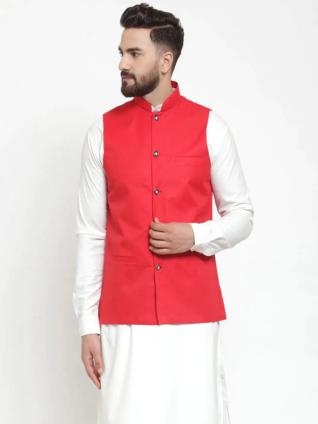 Men Red Solid Nehru Jacket