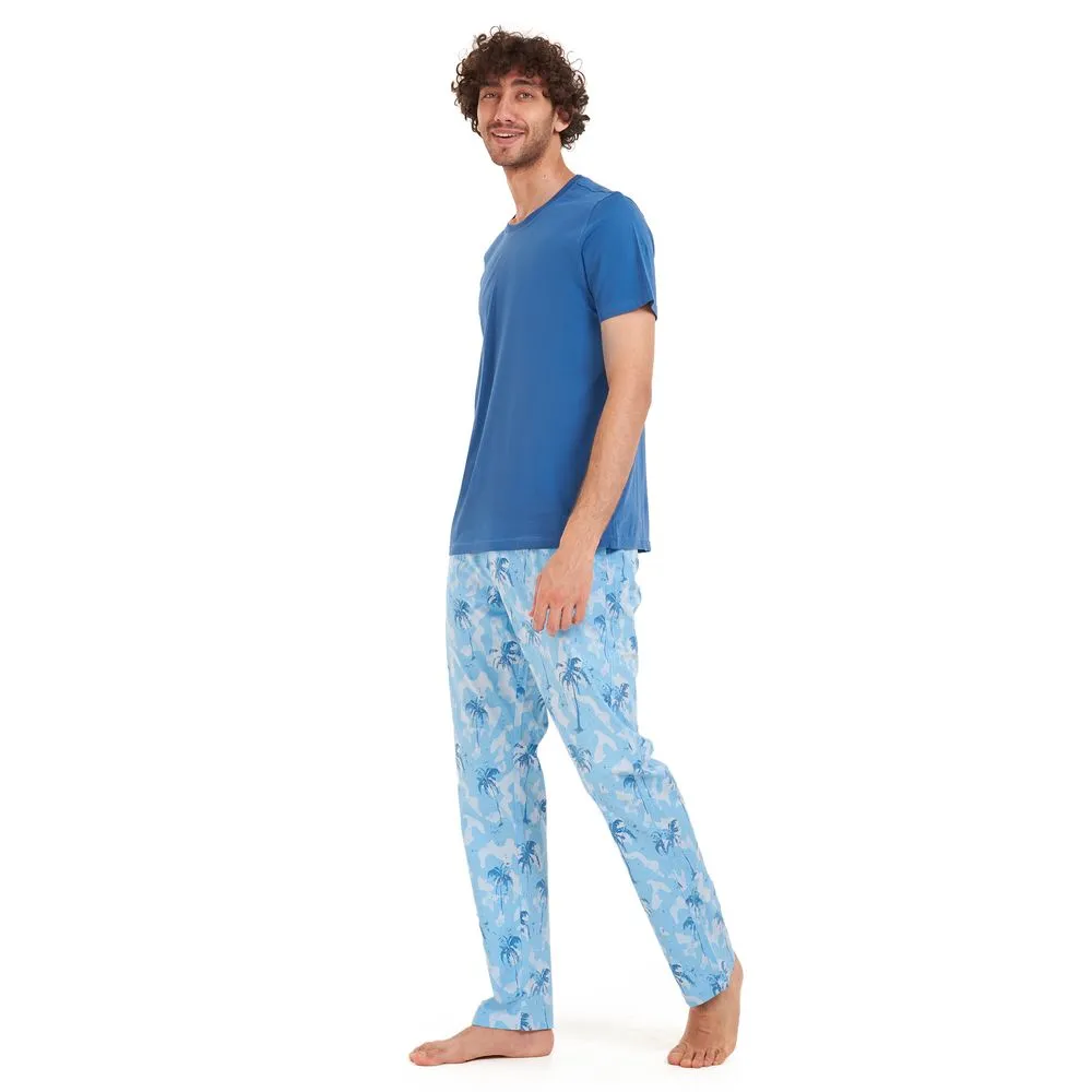 Men summer pajama set Petroleum t-shirt  Light blue Palm Pants