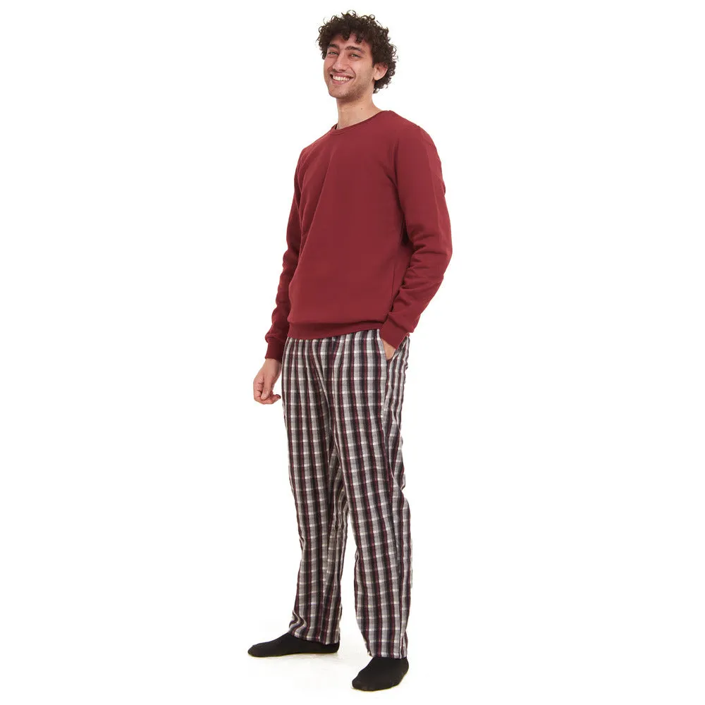 Men Winter Pajama Set Dark Red Sweatshirt   Dark Red x Black Checkered Pants