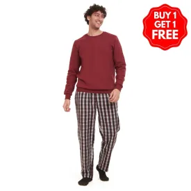 Men Winter Pajama Set Dark Red Sweatshirt   Dark Red x Black Checkered Pants