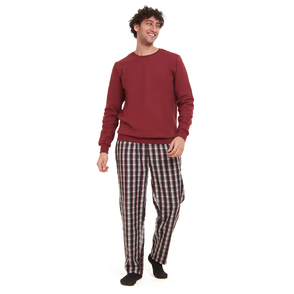 Men Winter Pajama Set Dark Red Sweatshirt   Dark Red x Black Checkered Pants