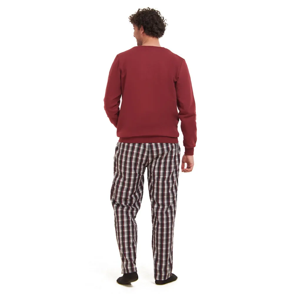 Men Winter Pajama Set Dark Red Sweatshirt   Dark Red x Black Checkered Pants