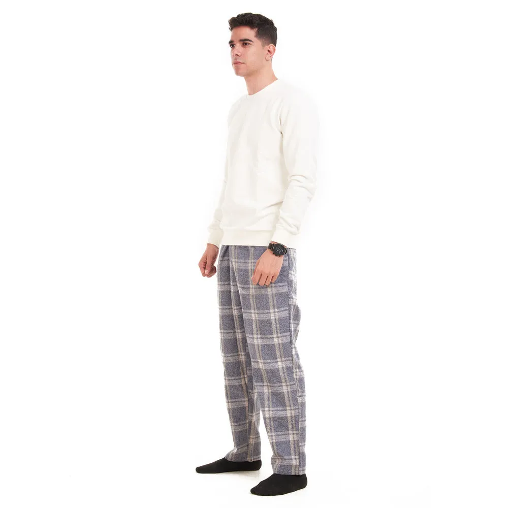 Men Winter Pajama Set Off-White Shirt   Dark Grey  Checkered Pants