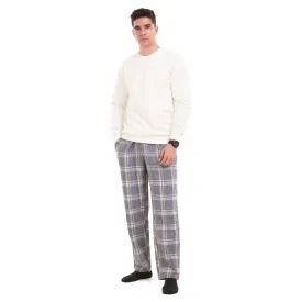 Men Winter Pajama Set Off-White Shirt   Dark Grey  Checkered Pants