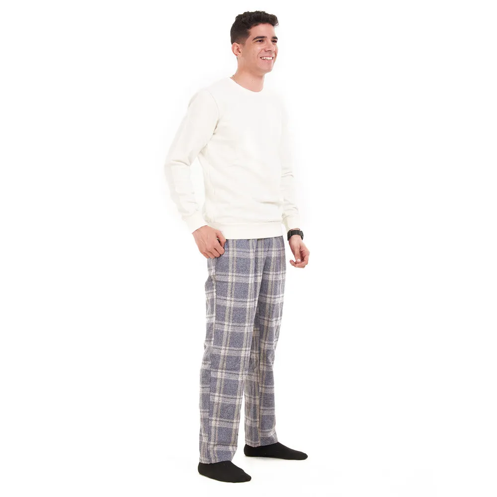 Men Winter Pajama Set Off-White Shirt   Dark Grey  Checkered Pants