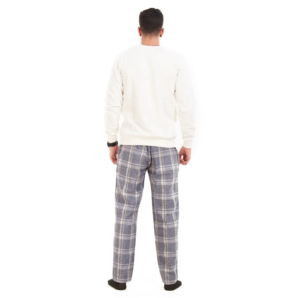 Men Winter Pajama Set Off-White Shirt   Dark Grey  Checkered Pants