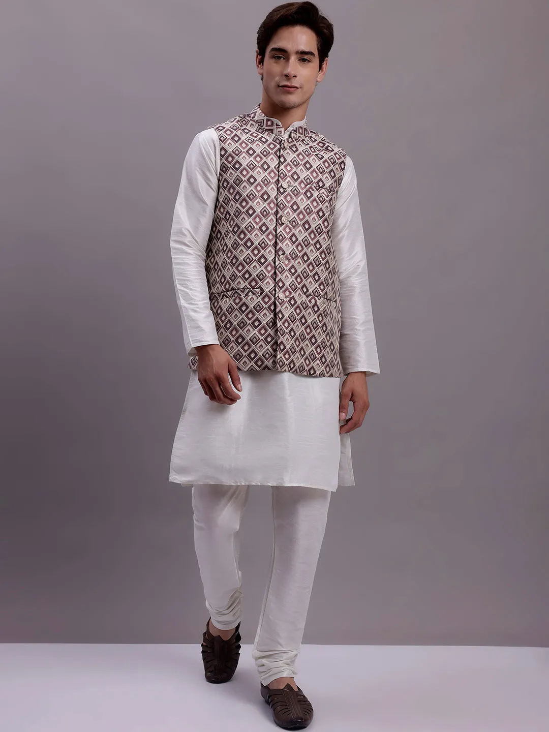 Men'S Purple Woven Design Nehru Jacket With Solid Kurta Pyjama.