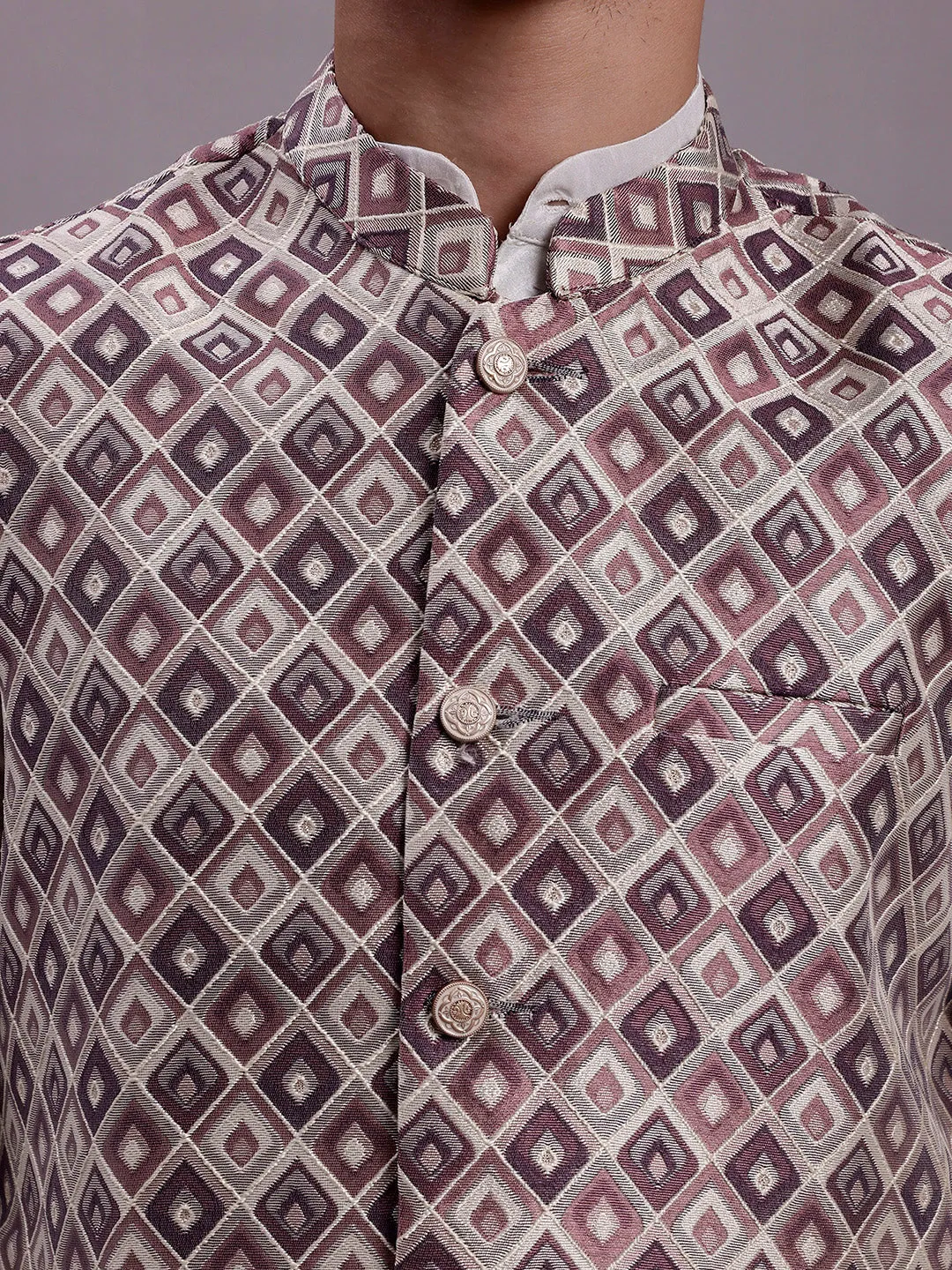 Men'S Purple Woven Design Nehru Jacket With Solid Kurta Pyjama.