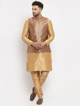 Men'S Solid Dupion Kurta Pajama With Woven Jacqaurd Waistcoat