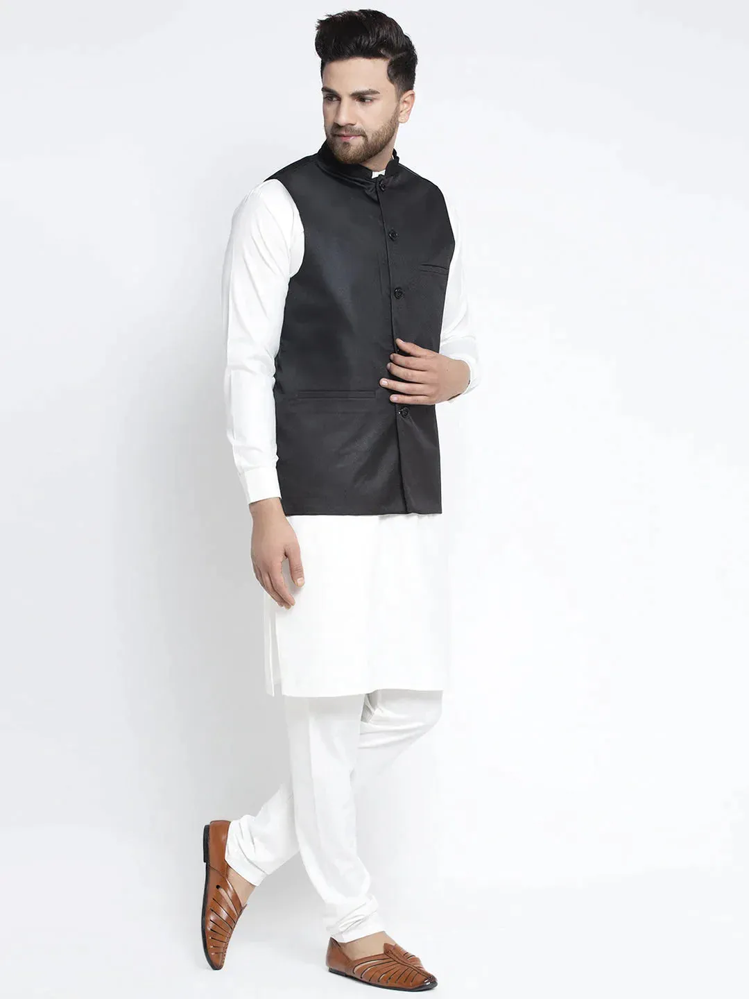 Men'S Solid White Cotton Kurta Payjama With Solid Black Waistcoat