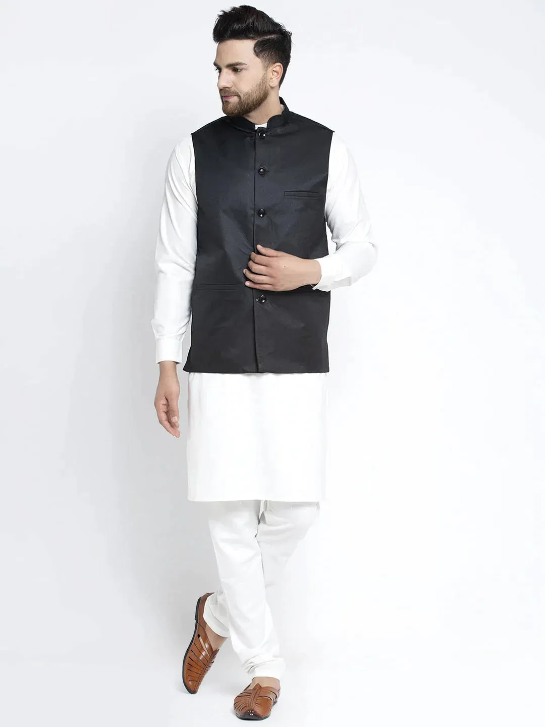 Men'S Solid White Cotton Kurta Payjama With Solid Black Waistcoat