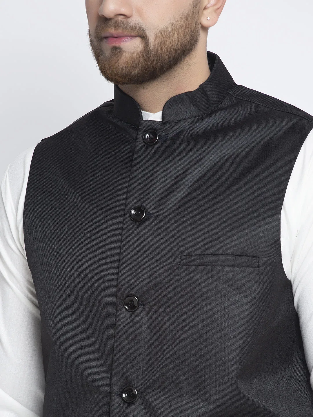 Men'S Solid White Cotton Kurta Payjama With Solid Black Waistcoat