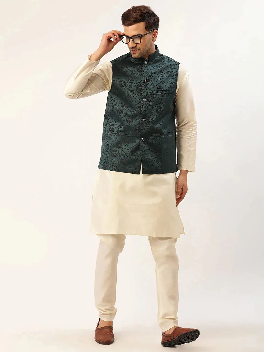 Men'S Teal & Black Embossed Nehru Jacket