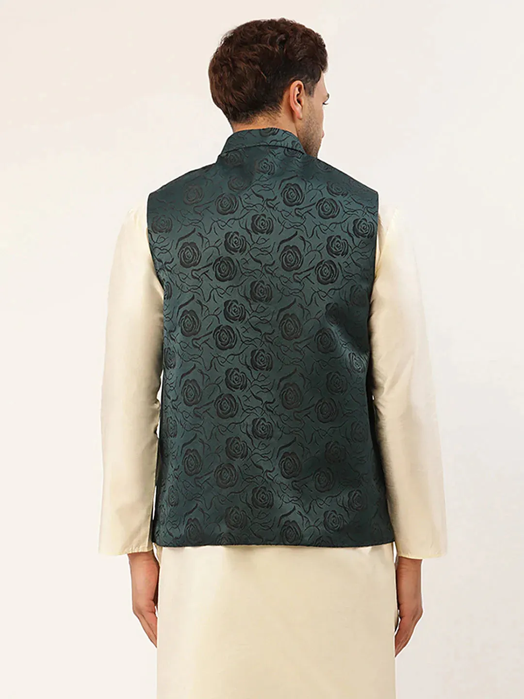 Men'S Teal & Black Embossed Nehru Jacket