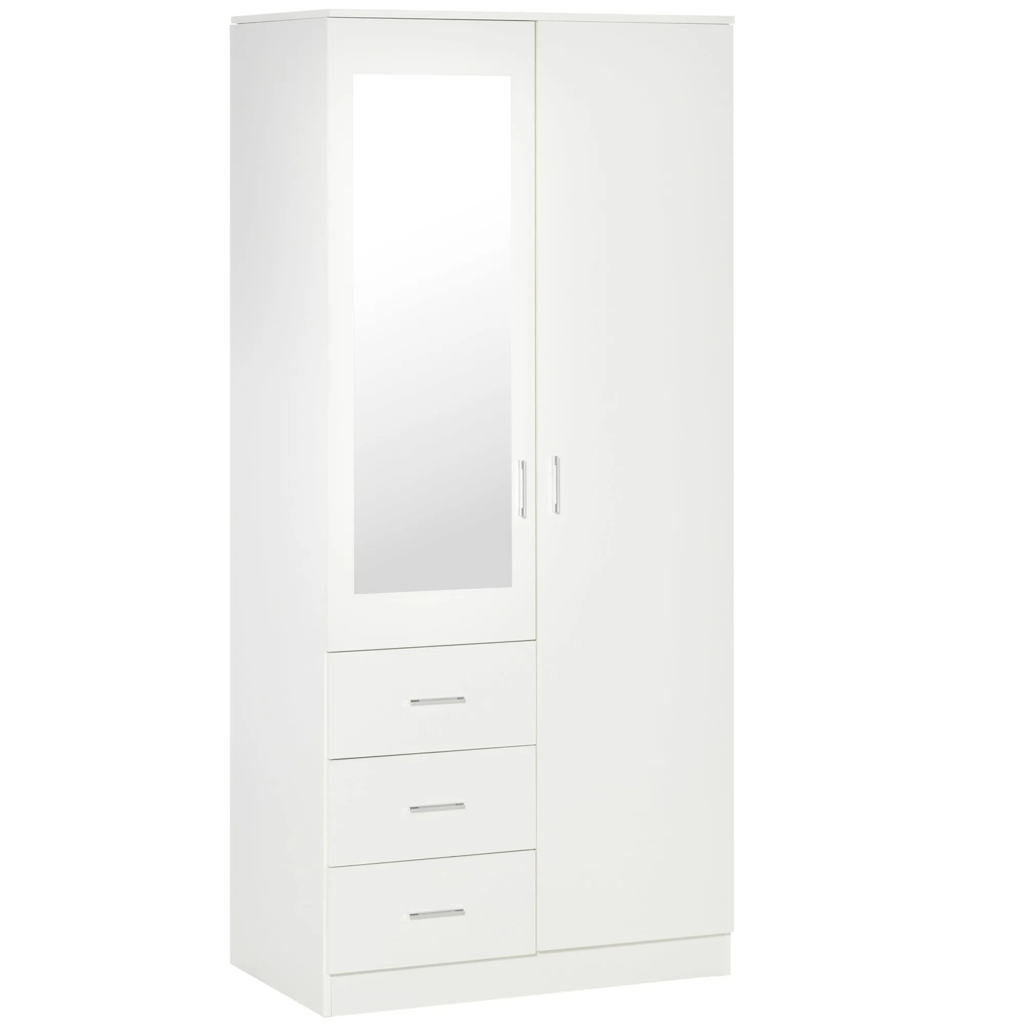 Modern Mirror Wardrobe 2 Door Storage Cupboards Home Storage Organisation Furniture with Adjustable Shelf, 3 Drawers, 80W x 50D x 180Hcm-Whit