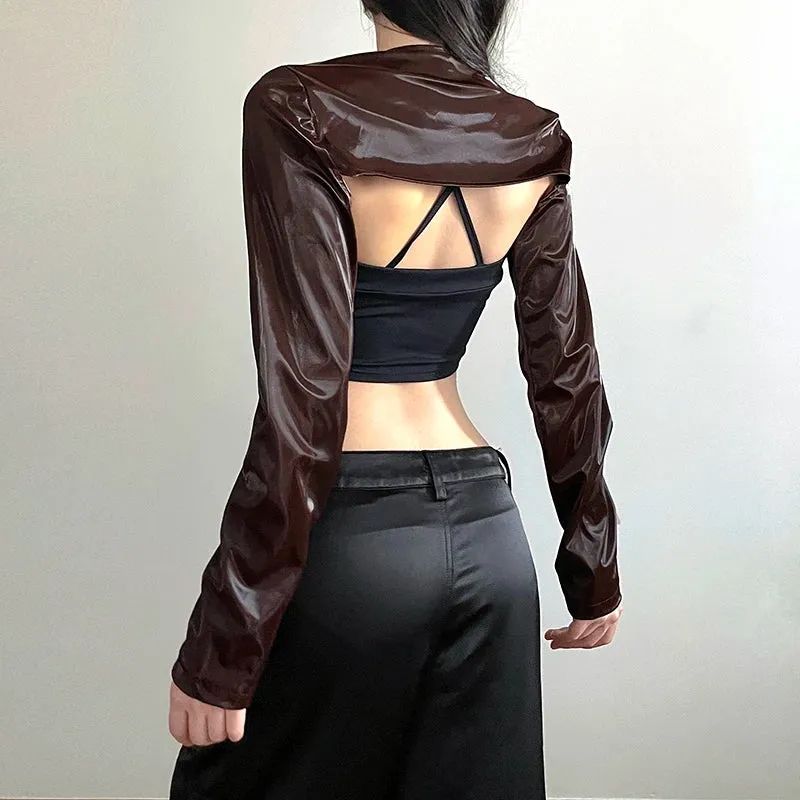 Moto Style Brown Buckle Metal Leather Jacket Smock Top Super Short Streetwear Retro Autumn Coat Female PU Jackets New