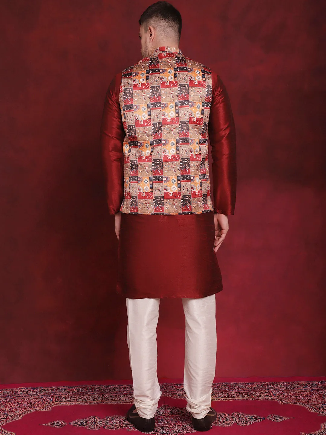 Multi Printed Nehru Jacket With Kurta Pyjama Set