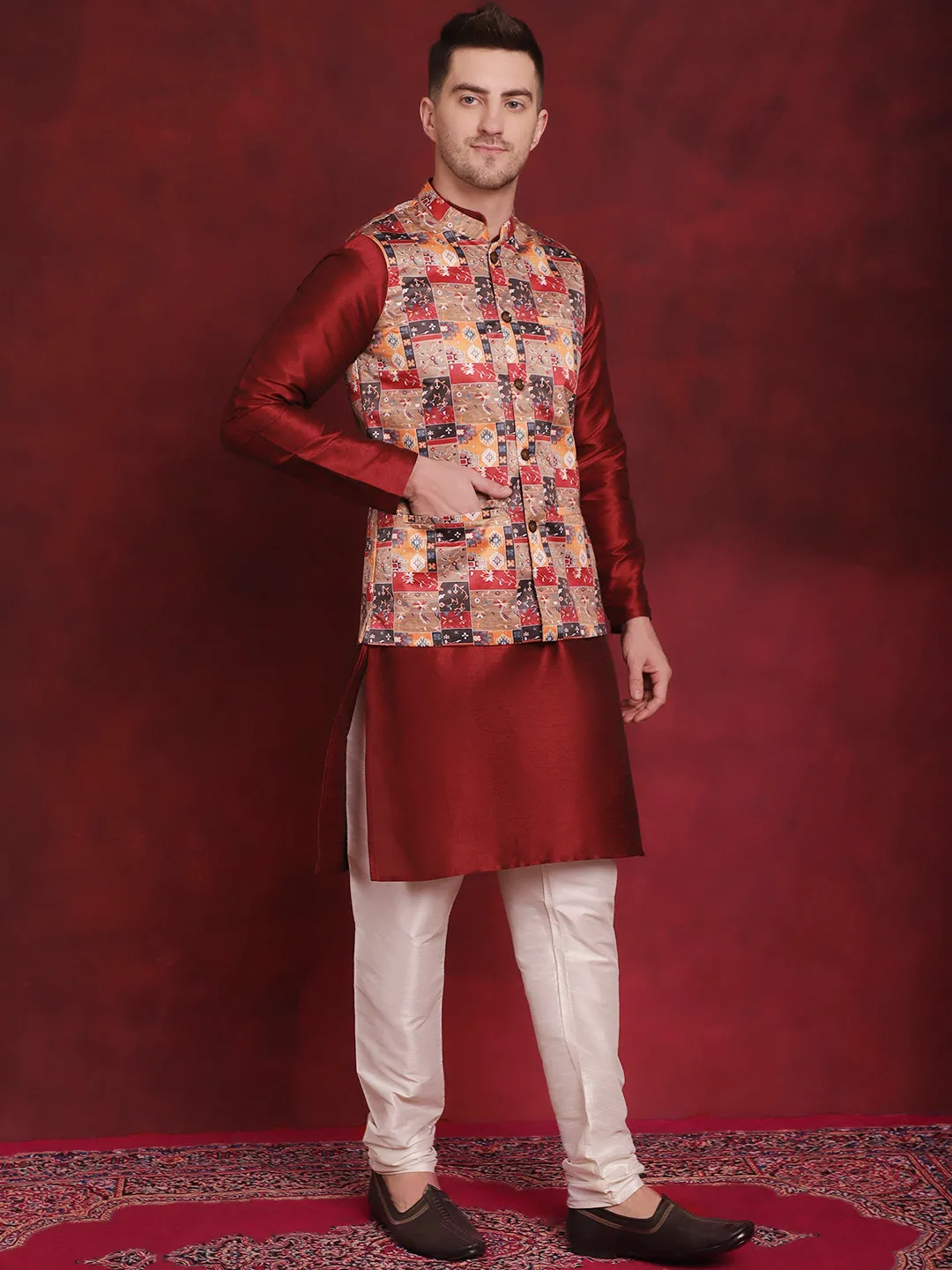 Multi Printed Nehru Jacket With Kurta Pyjama Set